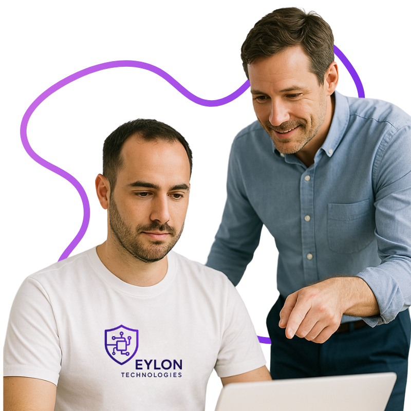 Eylon Technologies IT expert helping a colleague with cybersecurity setup on a laptop