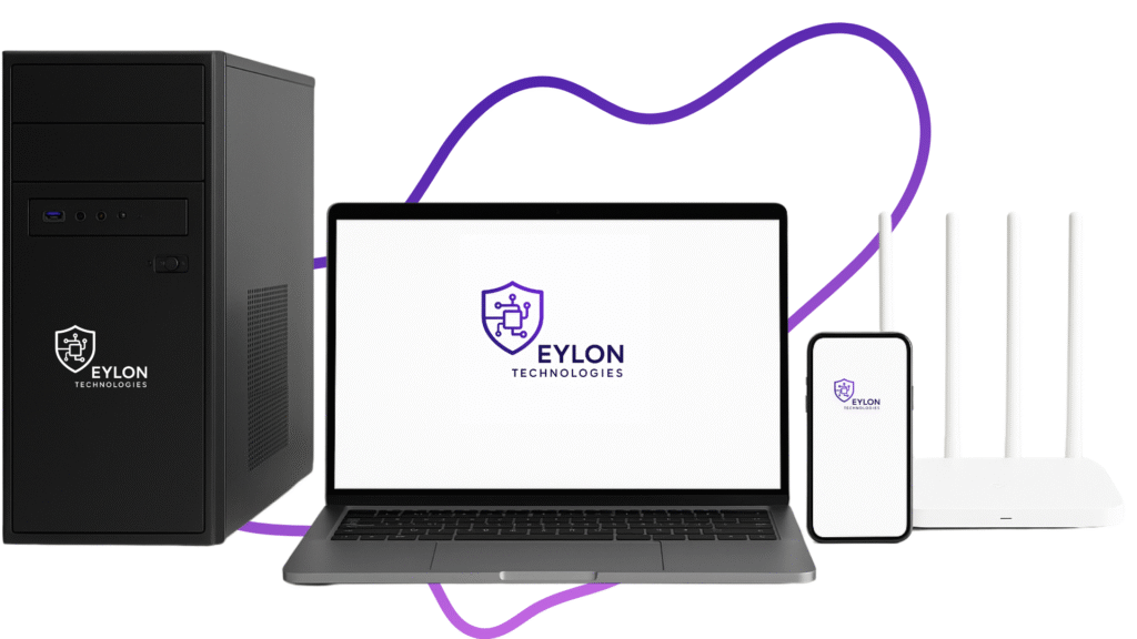 Desktop, laptop, mobile phone and router showcasing secure IT setup with Eylon Technologies branding